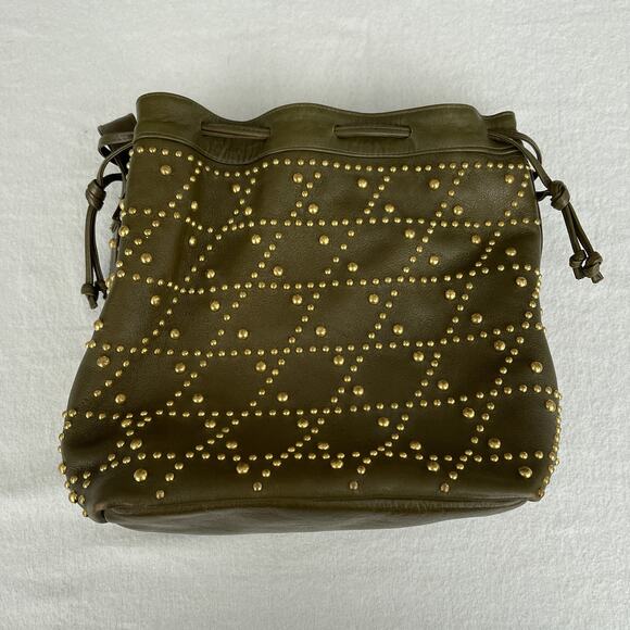 ViVa of California Purse Green Leather Gold Studded Crossbody Bag Boho Bucket - Picture 1 of 11